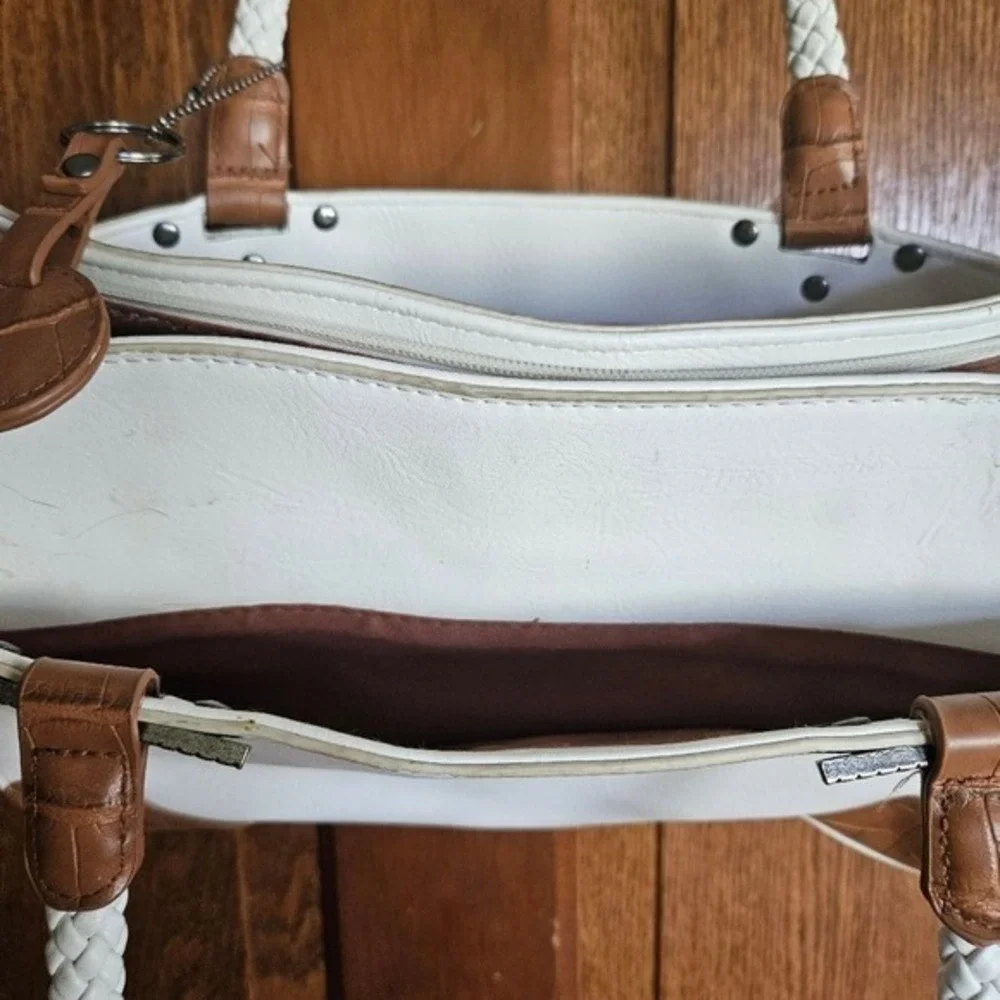 Bueno White & Cognac Faux Leather Shoulder Bag Country Chic Boho Handbag